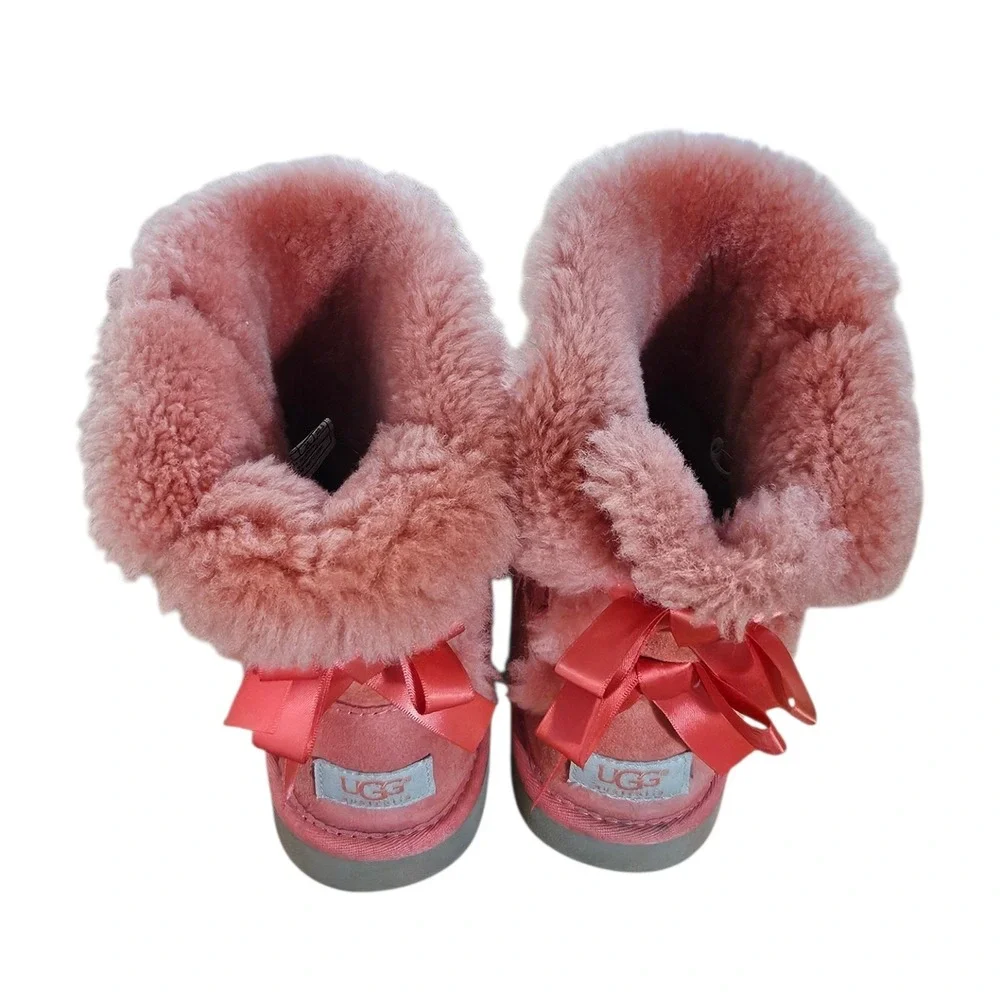UGG Australia Bailey Bow II Pink Sheepskin Suede Mid Calf Boots Sz 4 Double Bows
